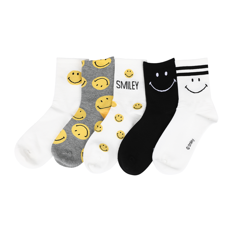 Anti-bactérias masculinas por atacado e absorção de suor fornecem propriedades de absorção de umidade para maior conforto, meias casuais com estampa de smiley