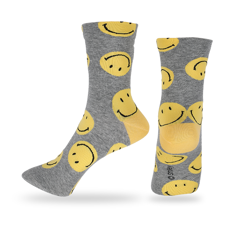 Anti-bactérias masculinas por atacado e absorção de suor fornecem propriedades de absorção de umidade para maior conforto, meias casuais com estampa de smiley