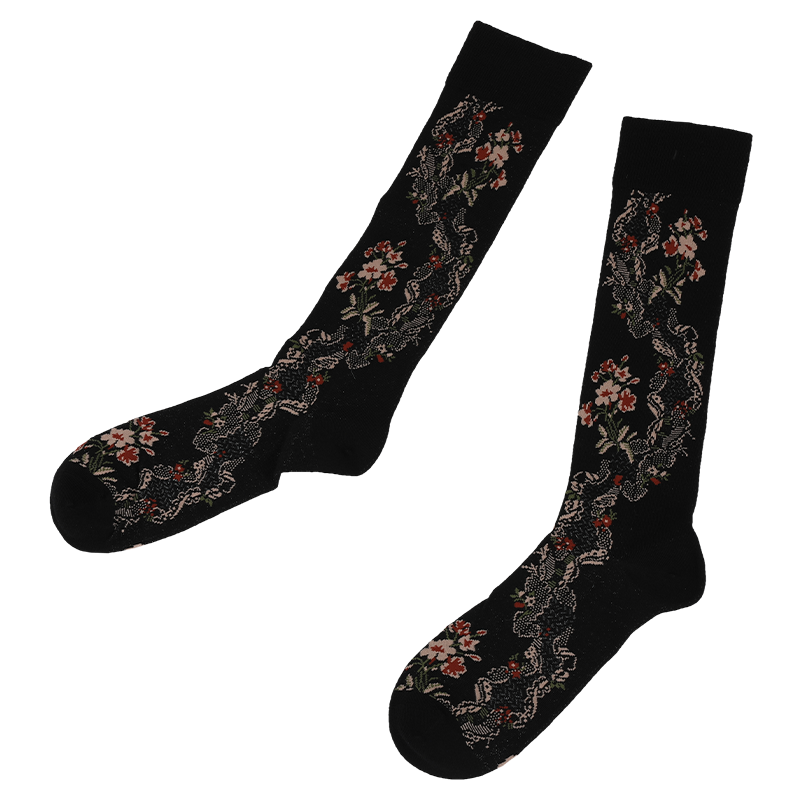 Combine a estética de sua coleção de roupas enquanto aumenta o AOV de seus clientes moda colorida rica design jacquard senhoras joelheira alta moda novidade meia com padrão floral
