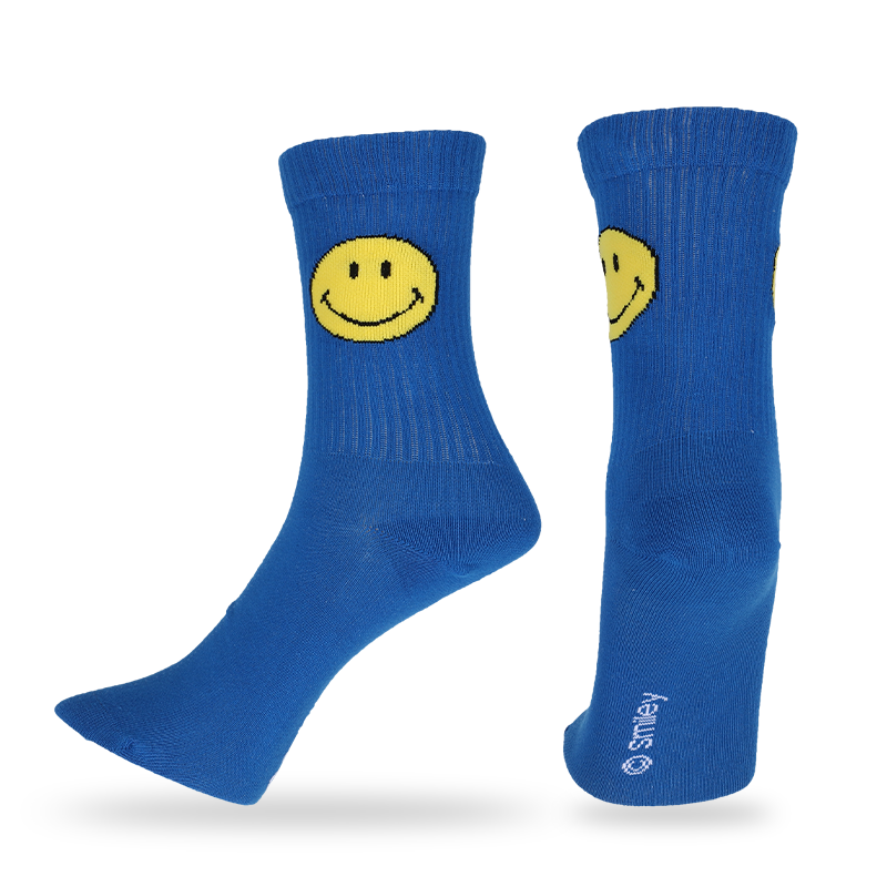 Meias masculinas casuais personalizadas com padrões e letras de emojis sorridentes, que são feitas com algodão de alta qualidade, então as meias são macias, confortáveis, duráveis, respiráveis ​​e quentes.