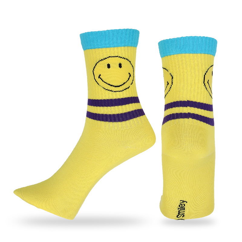Meias masculinas casuais personalizadas com padrões e letras de emojis sorridentes, que são feitas com algodão de alta qualidade, então as meias são macias, confortáveis, duráveis, respiráveis ​​e quentes.